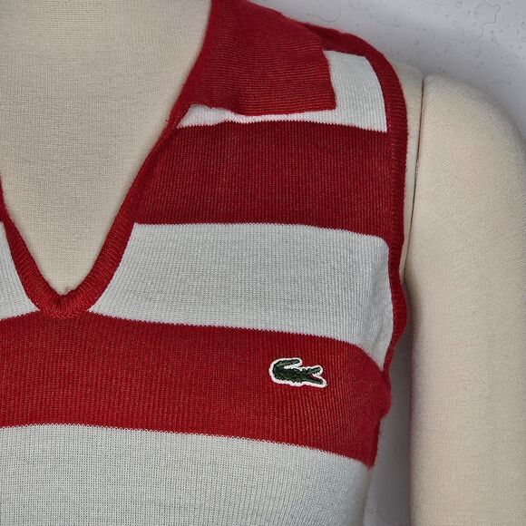 Lacoste Red White Striped Sleeveless Knit Polo Top Retro Y2K Preppy Size 6 Small - Picture 2 of 6